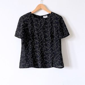 Vintage Le Crystino Black Beige Cream Floral Short Sleeve Crew Neck Blouse Top M